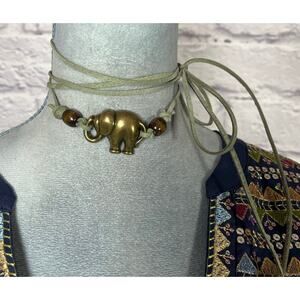 Handmade/upcycled brass elephant and sage suede choker necklace